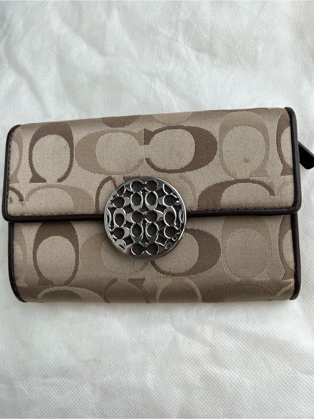 Coach Alexandra Shantung Signature Khaki Trifold Wallet